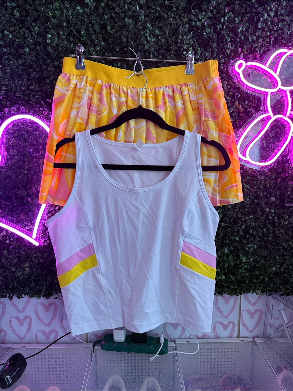 Tennis Set: (L)White Tank w/ Pink & Yellow Accent + (M)Yellow Tennis Swirl Skort